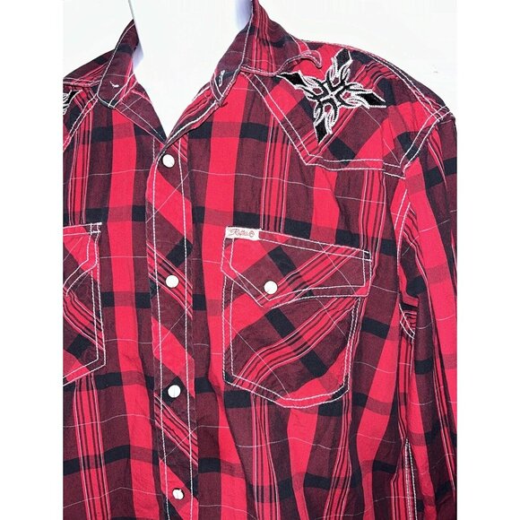 Rafter C Cowboy Collection Sz LARGE Western Pearl Snap Shirt Red Plaid EUC - Picture 1 of 12